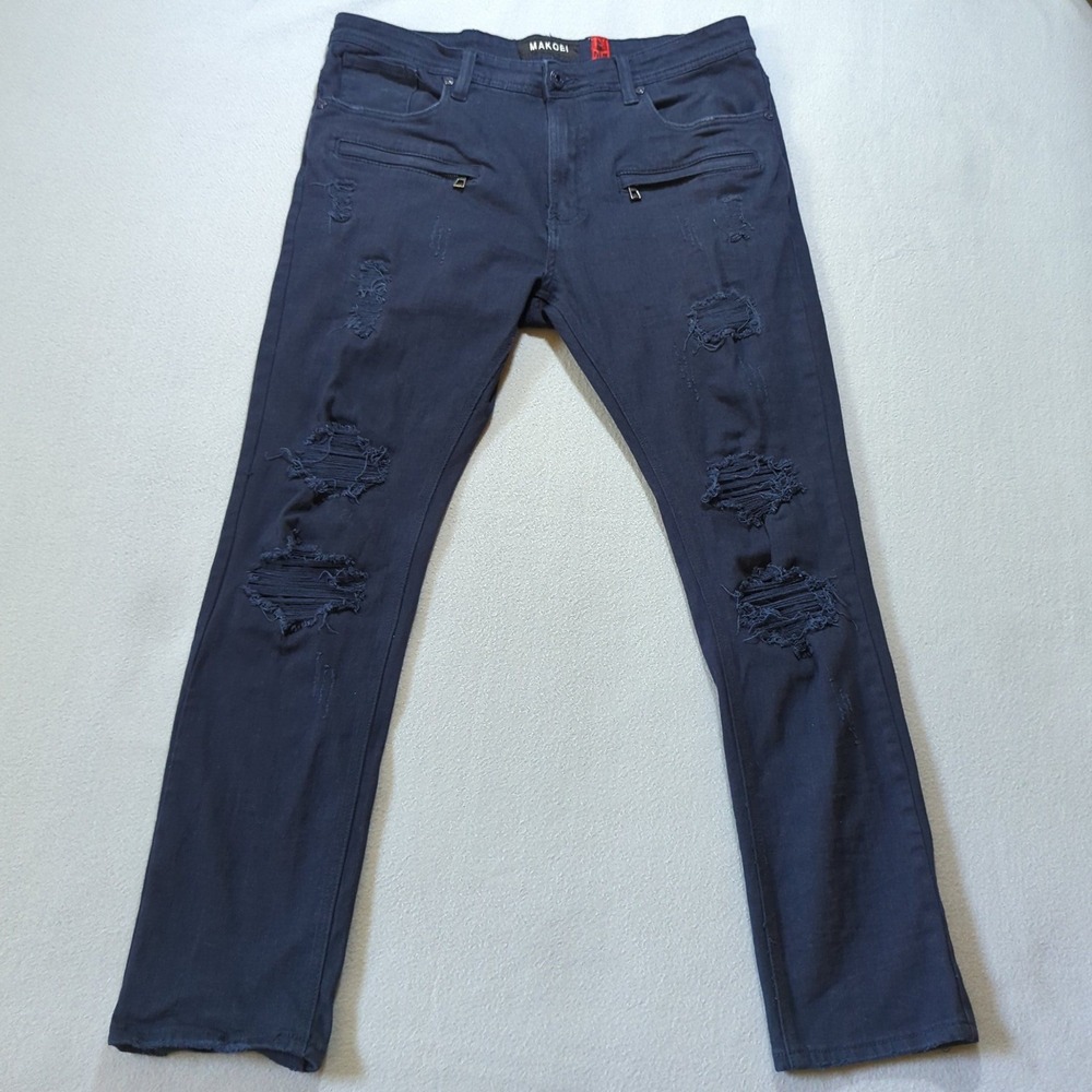 Makobi Biker Jeans‎ Mens 38x32 Blue Dark Wash Distressed Slim Fit Zipper Pocket